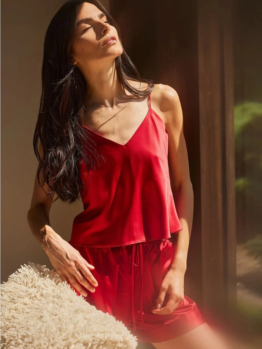 Natori Glamour V-Neck Cami + Shorts Set in Brocade Red